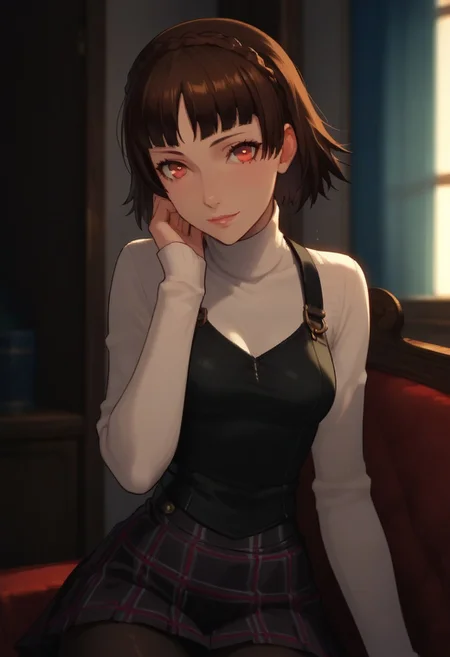 Expressiveh, score_9, score_8_up, score_7_up, score_6_up, score_5_up, score_4_up, 1girl, p5makoto, niijima makoto, brown hair, blunt bangs, crown braid, red eyes,, student council room, pose, sexy, smile, shy, looking at viewer, closeup, p5makoto-winuni, turtleneck, long sleeves, black vest, pleated skirt, plaid skirt, pantyhose, dynamic lighting, breast focus, small breasts,