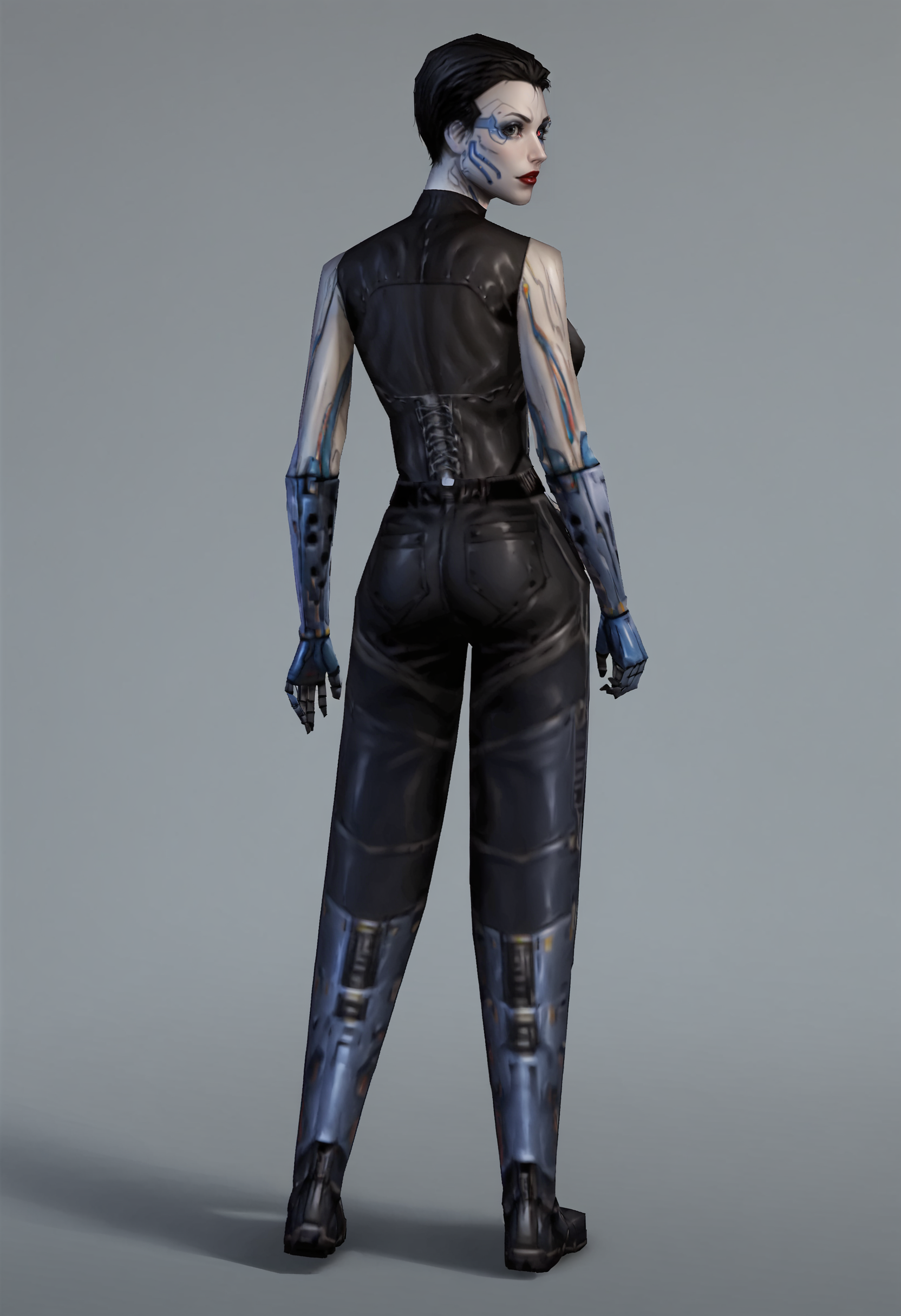 score_9, score_8_up, score_7_up, score_6_up, score_5_up, score_4_up, 1girl, <lora:AnnaNavarre:0.85> , solo, breasts, cyborg, short hair, black hair, robot joints, mechanical parts, mechanical arms, red lips, makeup, bodysuit, pants, latex, boots, robot eye, full body, standing, from behind, looking back, 
(light blue background), simple background,