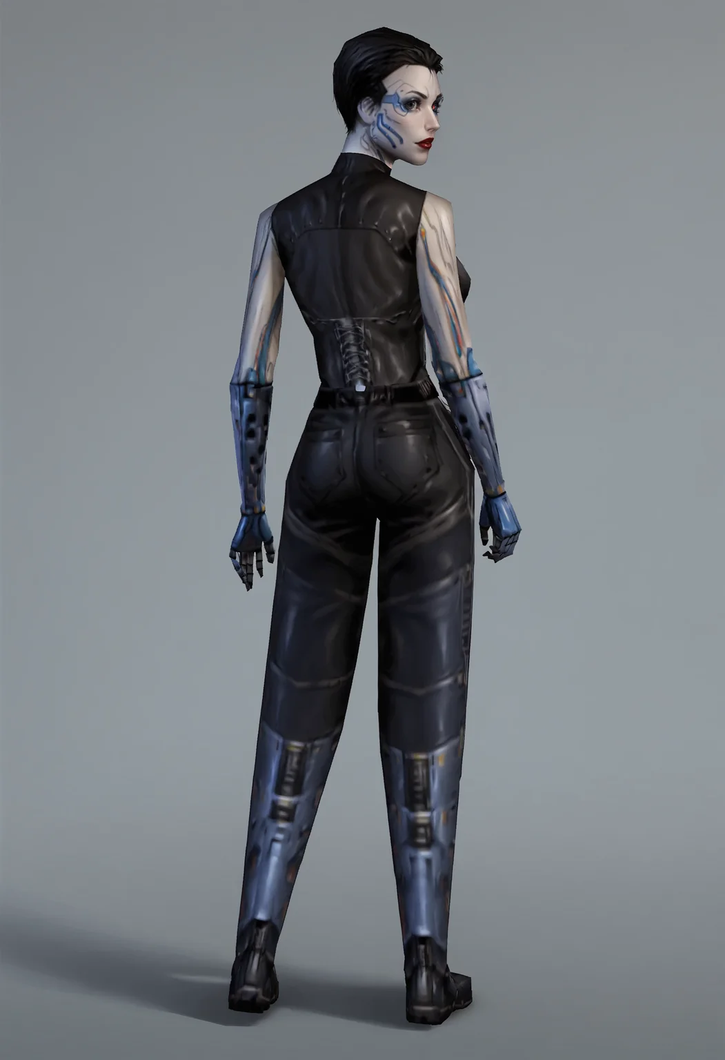 score_9, score_8_up, score_7_up, score_6_up, score_5_up, score_4_up, 1girl, <lora:AnnaNavarre:0.85> , solo, breasts, cyborg, short hair, black hair, robot joints, mechanical parts, mechanical arms, red lips, makeup, bodysuit, pants, latex, boots, robot eye, full body, standing, from behind, looking back,
(light blue background), simple background,
