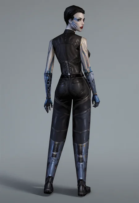 score_9, score_8_up, score_7_up, score_6_up, score_5_up, score_4_up, 1girl, <lora:AnnaNavarre:0.85> , solo, breasts, cyborg, short hair, black hair, robot joints, mechanical parts, mechanical arms, red lips, makeup, bodysuit, pants, latex, boots, robot eye, full body, standing, from behind, looking back,
(light blue background), simple background,