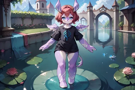 score_9, score_8_up, score_7_up, score_6_up, score_5_up, source anime, BREAK, multicolored hair, blonde hair, red hair, two-tone hair, smile, closed mouth, happy, lipstick, eyeliner, blue eyes, realistic background, outdoors, pond, garden, courtyard, rose, full body, jewelry, looking at viewer, <lora:s0mXLP:0.3> , s0m, <lora:MelusineV4SDXL:1> , melusine, straight ears, thin tail, wings, purple skin, (bottomless), thick thighs, webbed hands, black shirt, short girl, (cowboy shot), <lora:intricate_details:1> , intricate_details_xl, intricate details, many details, high detailed, more details, detailed,