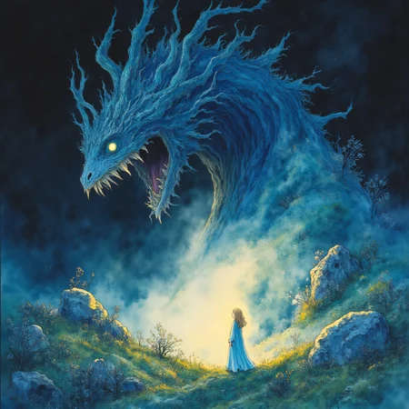 Studio Ghibli Dark Fairytale, The image is a digital illustration of a young girl standing in front of a large dragon. The dragon is blue in color and has a fierce expression on its face. It has sharp teeth and sharp claws and its eyes are glowing yellow. The girl is wearing a long white dress and has long blonde hair. She is standing on a grassy hill with rocks and bushes in the background. The sky is dark and the overall mood of the image is mysterious and magical., blonde hair, 1girl, long hair, dragon, dress, tree, standing, nature, white dress, robe