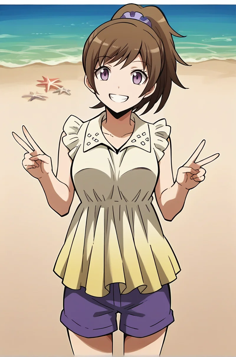 score_9, score_8_up, score_7_up, score_6_up, score_5_up, score_4_up, source_anime, BREAK 1girl, <lora:Yada_Toka:1>, yadatoka, brown hair, high ponytail, purple eyes, blue scrunchie, tokasummer, beige shirt, frilled sleeves, two-tone shirt, yellow shirt, pleated shirt, blue shorts, looking at viewer, smile, teeth, v, beach, solo