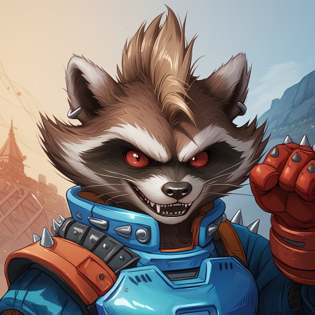 score_9, score_8_up, score_7_up, score_6_up, score_5_up, score_4_up, source_furry
anthro, ((1boy, solo)),furry, anthro, raccoon, brown body, brown fur, red sclera, red eyes, black nose, fluffy tail, sharp teeth, fangs, mohawk, clothed, blue armor, red gloves, spiked gloves, blue pants, earing, kneepads, jetpack
BREAK 
detailed background, neo tokyo scenery, (((bust portrait)))