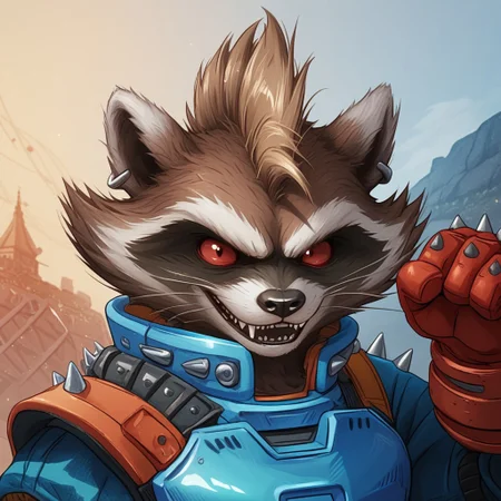 score_9, score_8_up, score_7_up, score_6_up, score_5_up, score_4_up, source_furry
anthro, ((1boy, solo)),furry, anthro, raccoon, brown body, brown fur, red sclera, red eyes, black nose, fluffy tail, sharp teeth, fangs, mohawk, clothed, blue armor, red gloves, spiked gloves, blue pants, earing, kneepads, jetpack
BREAK 
detailed background, neo tokyo scenery, (((bust portrait)))