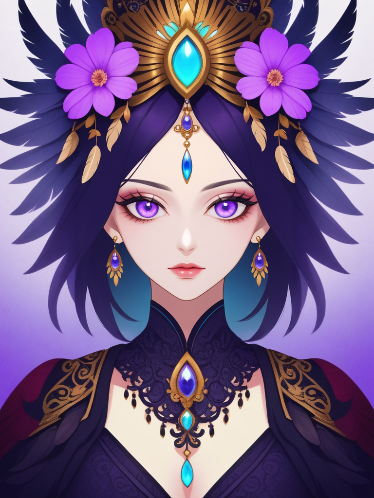 <lora:shiny_style_xl-turbo:1>A mesmerizing digital portrait of a charismatic woman with piercing violet eyes, adorned in an ornate headdress, surrounded by vibrant blossoms and delicate feathers