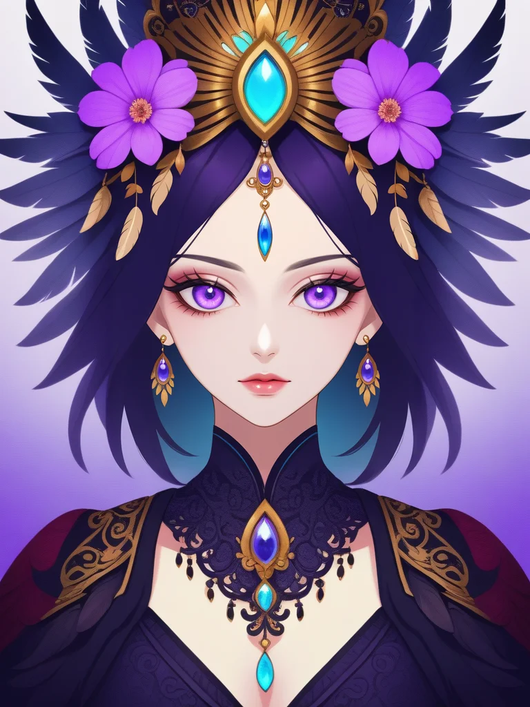 <lora:shiny_style_xl-turbo:1>A mesmerizing digital portrait of a charismatic woman with piercing violet eyes, adorned in an ornate headdress, surrounded by vibrant blossoms and delicate feathers