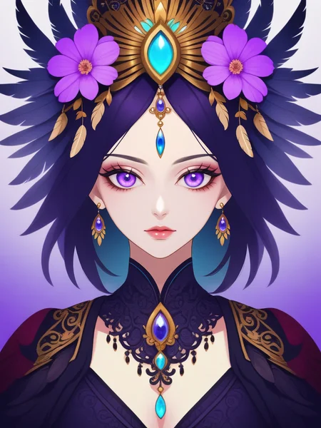<lora:shiny_style_xl-turbo:1>A mesmerizing digital portrait of a charismatic woman with piercing violet eyes, adorned in an ornate headdress, surrounded by vibrant blossoms and delicate feathers