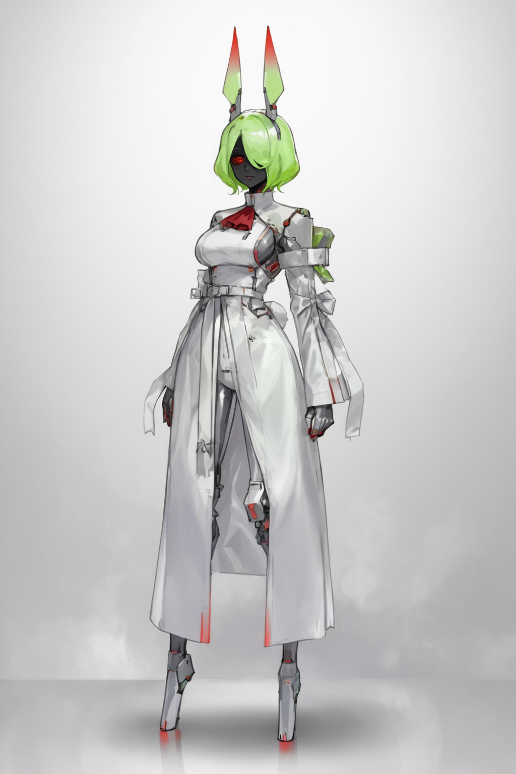 score_9, score_8_up, score_7_up, score_6_up, score_5_up, score_4_up, BREAK, source_anime, solo, 1girl, rating_safe, ((mature female)), ((long green flowing hair)), mechanical parts, (big backwards folded mechanical rabbit ears), mature female, (bunny ears), (animal ears), subdermal port, ((milf, mature female, big breasts)), hexagon lines in skin, naval uniform overcoat, naval uniform, white military uniform, dress_uniform, ribbons, ((red eyes)), bunny tail, rabbit tail, aiguillette, ((green hair)), ascot, ((Eye-level angle (from the side) view Close shot (focus on waist))), latex pilot suit, shoulder cutout, bunny rabbit Tail, ((hair over one eye, )), digitigrade, clawed feet, minimal clothes, ((metal skin, shiny skin, vampire aesthetic, digital eyes, filled eyes, monochromatic eyes, glowing eyes, colored sclera, red sclera, mechanical eyes, partially shaded face, )), <lora:ECHANIS:1>, <lora:bodysuit_pony_V1.0:1> bodysuit, unzipping,unzipped