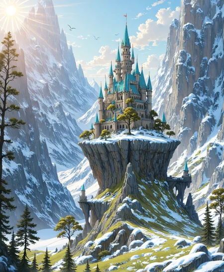 masterpiece, best quality, amazing quality, very aesthetic, perfect eyes, Sinozick_illu, crestyle, Sinozick_illu, gr4ph1t3,
,outdoors, sky, day, cloud, tree, blue_sky, no_humans, bird, sunlight, nature, scenery, mountain, fantasy, sun, castle, towerA stunning digital painting of a fantasy castle perched on a rocky cliff, surrounded by snow-capped mountains and a bright, sunny sky. The castle has multiple towers with pointed roofs, and is adorned with lush green grass and trees. The scene is serene and picturesque, with the sun shining down on the castle and the surrounding mountains. The style is highly detailed and realistic, with a focus on the intricate architecture and vibrant colors of the castle.