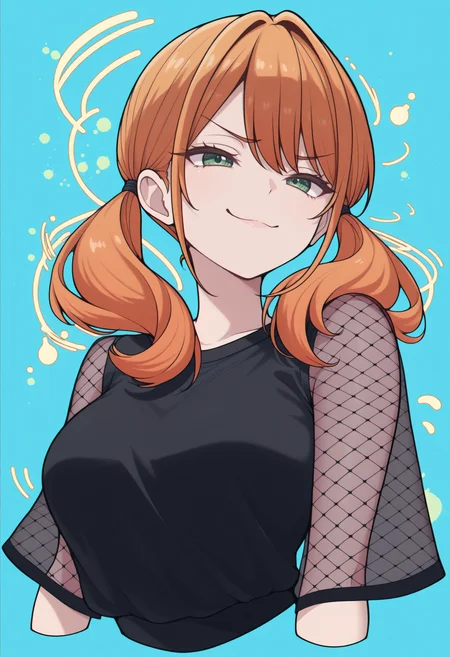 masterpiece, best quality, 1girl, solo, Tsuk1sh1maRiho, green eyes, orange hair, long hair, twintails, black shirt, see-through sleeves, fishnets, abstract, intricate details, chromatic aberration, swirling motions, explosive effect, smile, cropped torso, smug, splash of color, color splash, blue theme, abstract background, <lora:ChamTsukishimaRihoNoob:1>