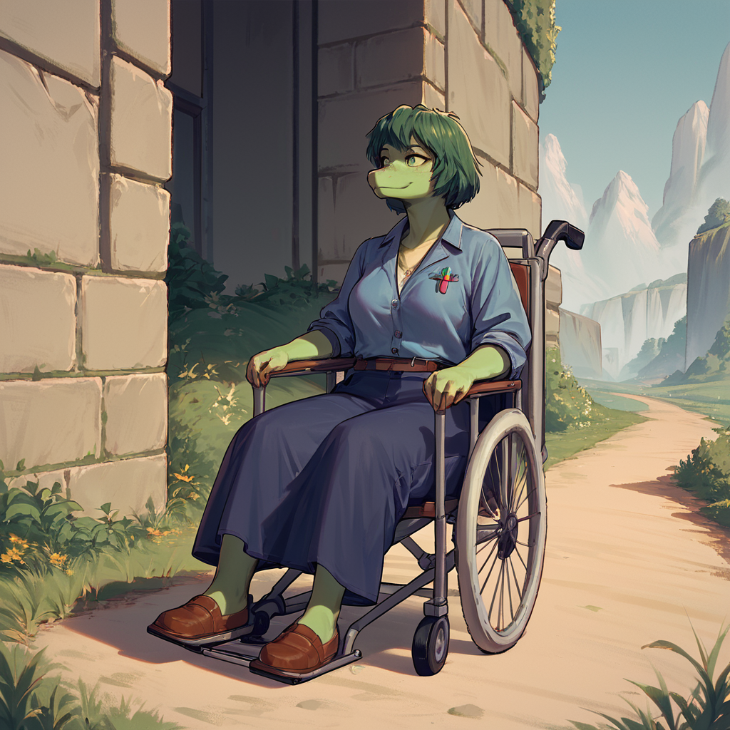 score_9,score_8_up,,score_7_up,masterpiece,high resolution,
 <lora:Olivia_Halford:0.8>,OliviaHalford,1girl,solo,female,sitting,in wheelchair,
shadow detail,natural light,backround detail,outside
