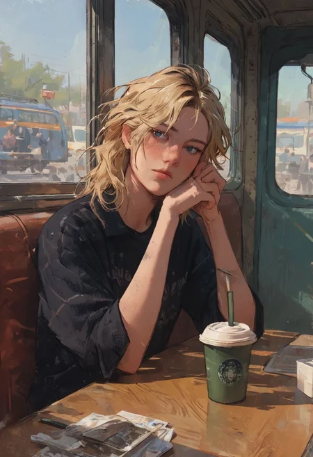 ((score_9, score_8_up, score_7_up)), 1girl, blonde, norwegian, plalid shirt, drinking coffee, bus stop, waiting for the bus, norway,
wh33z13, kyuyongeom
