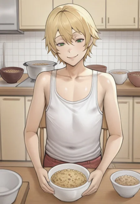 B01ng00,,
1boy, femboy, blonde hair, short hair, green eyes, flat chest, loose white tanktop, seated, wood chair, wood table, kitchen, indoors, bowl, cereal, smile