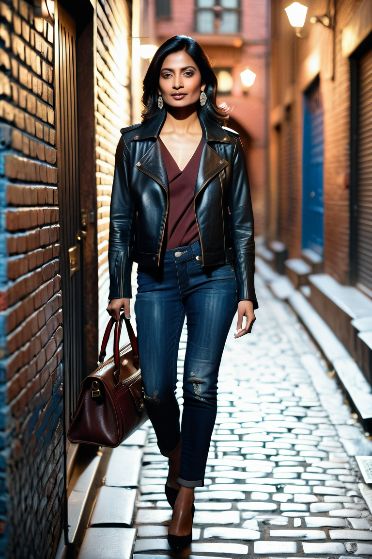majmilfaa A hyper-realistic cinematic street photo of a stylish Indian woman in her mid 40s standing confidently at the edge of a narrow brick alleyway at night. She has a mature, elegant appearance with subtle signs of aging—fine lines, natural skin texture, and a composed, experienced expression. Her shoulder-length black hair is neatly styled, slightly tousled by the breeze. She wears a fitted black leather motorcycle jacket over a blue V-neck shirt, paired with high-waisted, slightly distressed denim jeans. In her hand, she carries a large, high-quality brown leather travel bag. The alleyway is paved with uneven stones and lined with red brick buildings, blue accents on doors and trim, and a mix of light and shadow. Moody lighting and shallow depth of field emphasize the atmosphere, with a cinematic urban storytelling vibe. Shot with a full-frame DSLR, high dynamic range, and soft contrast.