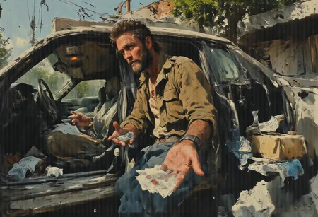 A bearded man in a slightly disheveled state, their hand clutching a crumpled shopping list and a set of car keys, standing beside a parked car with the door open. The car's interior reveals a mess of empty fast-food bags, loose change, and shopping receipts scattered across the seats. The individual, dressed in casual attire, has a furrowed brow and a calculator in their other hand with a half-typed number on its display. They are paused in mid-step on the pavement, as if they had just realized something urgent. In the background, the setting sun casts long shadows, hinting at the end of a long day filled with errands. The person's gaze is fixed on a wallet open in their palm, which holds a few bills and a handful of coins. The scene is framed by the car's side mirror, which reflects the worried expression on their face, magnifying the tension of the moment. The overall atmosphere is one of realization and concern, as the individual confronts the reality of their financial situation amidst the chaos of their daily routines.