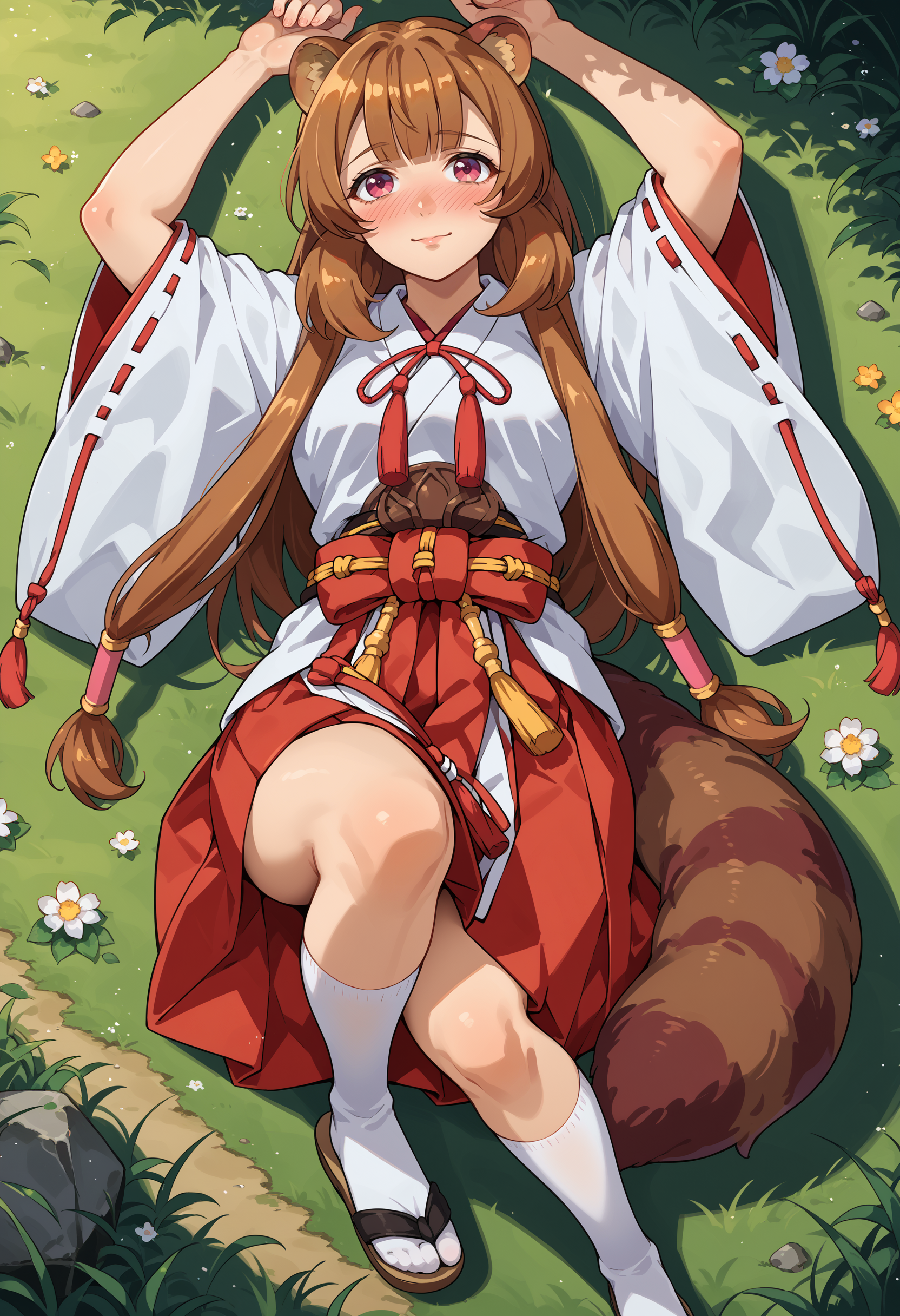 <lora:AERaphtalia-000009:1> aeraphtaliamiko, brown footwear, brown hair, hair tubes, hakama skirt, hip vent, long sleeves, miko, pink eyes, raccoon ears, raccoon girl, raccoon tail, red hakama, red ribbon, ribbon-trimmed sleeves, sandals, tabi, tassel, white socks, wide sleeves, grass, light particles, light smile, full body, lying, on back, full-face blush, looking at viewer, arms up, from above, sunlight, knee up,, score_9, score_7_up, source_anime,