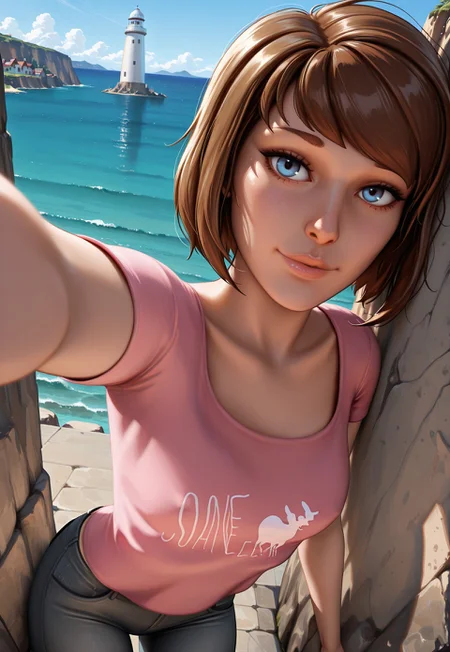 masterpiece, high quality, dynamic angle, 1girl, maxcaulfieldlis, blue eyes, brown hair, pink shirt, pants, looking at viewer, selfie, cute, sexy, cliff side, ocean, lighthouse, town, detailed scenery