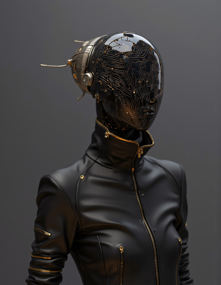 Daniel Hahn art. high-resolution photograph.
A high-quality CGI image depicting a futuristic, metallic humanoid figure with a glossy black helmet. The helmet's surface is cracked, revealing an intricate, glowing circuitry pattern beneath, creating a stark contrast. The figure is dressed in a sleek, black leather jacket with gold accents, zippers, and a high collar, giving it a cyberpunk aesthetic. The background is a plain, gradient grey, ensuring all focus remains on the subject. The lighting is artificial, casting soft highlights and shadows, enhancing the metallic textures. The composition uses symmetry, with the figure centered and the helmet's cracks creating leading lines that draw the eye inward. The depth of field is shallow, with the background blurred to emphasize the detailed foreground. The overall aesthetic is very high, with a polished, professional finish.