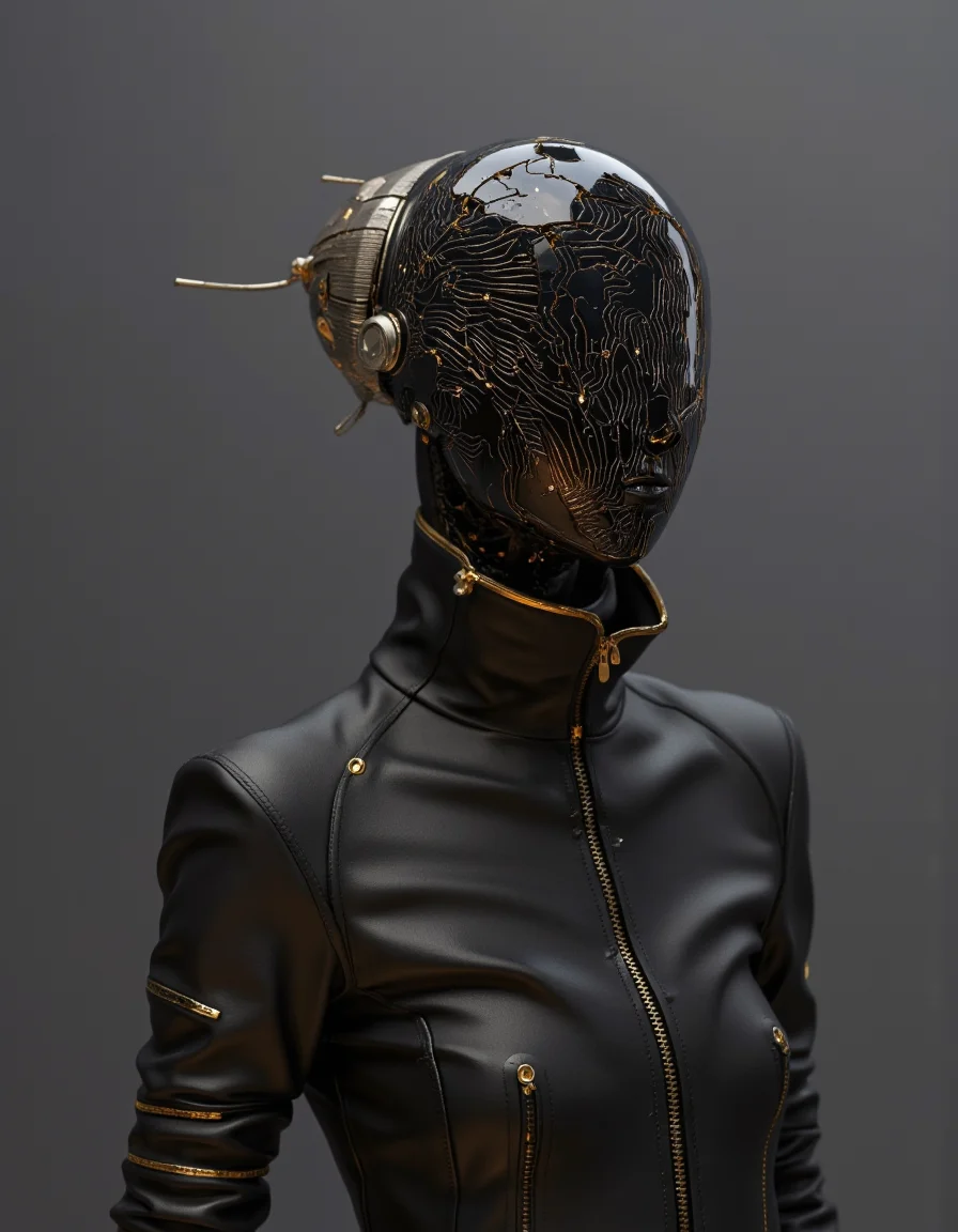 Daniel Hahn art. high-resolution photograph.
A high-quality CGI image depicting a futuristic, metallic humanoid figure with a glossy black helmet. The helmet's surface is cracked, revealing an intricate, glowing circuitry pattern beneath, creating a stark contrast. The figure is dressed in a sleek, black leather jacket with gold accents, zippers, and a high collar, giving it a cyberpunk aesthetic. The background is a plain, gradient grey, ensuring all focus remains on the subject. The lighting is artificial, casting soft highlights and shadows, enhancing the metallic textures. The composition uses symmetry, with the figure centered and the helmet's cracks creating leading lines that draw the eye inward. The depth of field is shallow, with the background blurred to emphasize the detailed foreground. The overall aesthetic is very high, with a polished, professional finish.