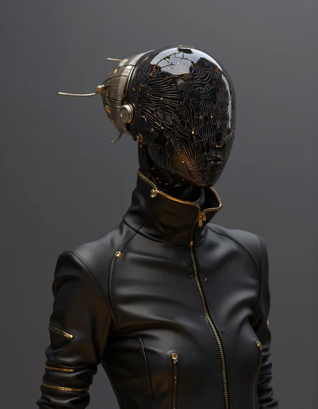 Daniel Hahn art. high-resolution photograph.
A high-quality CGI image depicting a futuristic, metallic humanoid figure with a glossy black helmet. The helmet's surface is cracked, revealing an intricate, glowing circuitry pattern beneath, creating a stark contrast. The figure is dressed in a sleek, black leather jacket with gold accents, zippers, and a high collar, giving it a cyberpunk aesthetic. The background is a plain, gradient grey, ensuring all focus remains on the subject. The lighting is artificial, casting soft highlights and shadows, enhancing the metallic textures. The composition uses symmetry, with the figure centered and the helmet's cracks creating leading lines that draw the eye inward. The depth of field is shallow, with the background blurred to emphasize the detailed foreground. The overall aesthetic is very high, with a polished, professional finish.