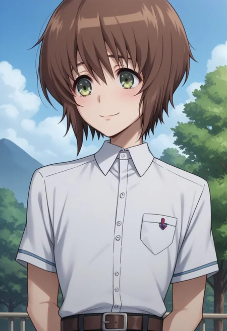 score_9, score_8_up, score_7_up, source_anime, highly detailed,
yuyamochizuki, 1boy, solo, brown hair, shirt, short hair, green eyes, upper body, white shirt, short sleeves, collared shirt, school uniform, breast pocket, bangs, pocket, smile, belt, pants, black pants, upper body, hands behind back, shy,
outdoor, sky, tree