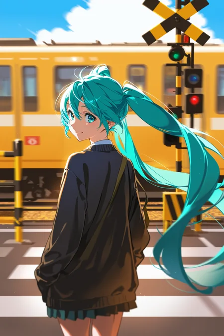 masterpiece, best quality, absurdres, safe
1girl, solo, hatsune miku, train, motion blur, outdoors, blue sky, railroad crossing, crosswalk,
looking back, from behind, smile, floating hair,
yoneyama mai
<lora:train_in_background_il_1_d16:1>