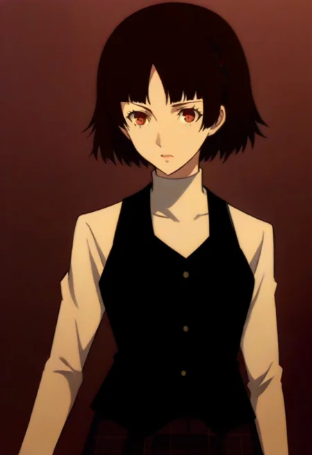 (source_anime), 1 girl, solo, nsfw, aged up, defMako, p5makoto, niijima makoto, short hair, bangs, brown hair, long sleeves, uniform, pantyhose, pleated skirt, turtleneck, plaid skirt,crown braid,uniform, black vest,