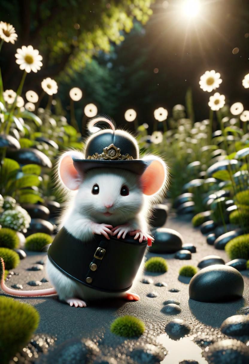 ral-fluff,<lora:ral-fluff:1>,
chibi,masterpiece,best quality,original,official art,black metallic fantasy mice,hat,flower,blurred background,rendering,beautiful detailed glow,(detailed ice),beautiful detailed water,sunny, blurred flower, happy