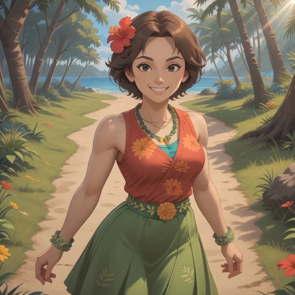 score_9, score_8, BREAK, solo, 1girl, female mii, brown hair, hibiscus hair ornament, black eyes, black eyebrows, brown sleeveless shirt, flower necklace, leaf wristbands, flower belt, green skirt, calf rings, barefoot, breasts, Hula_Dance_Teacher_(Wii_Fit_U), cute, self portrait, smile, looking at viewer, outdoors, sunlight, shadows, evening lighting, natural lighting, forest, trees, grass, orange sky, sunset