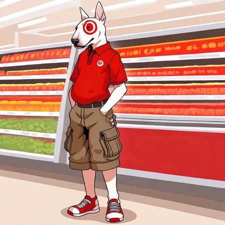 (masterpiece, highres, absurd res, very detailed, 2024, newest),tarbulls, bull terrier, cute, solo, full body, solo male, 1boy, hands in pockets, cargo shorts, polo shirt, looking away, indoors, supermarket,