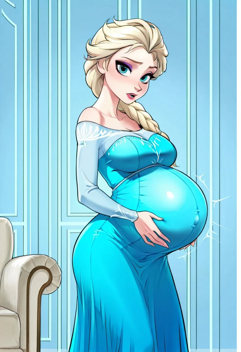 1girl, ElsaXL,blonde hair, blue eyes, single braid, hair over shoulder, makeup,,, masterpiece, best quality, amazing quality, absurdres, very large pregnant, looking at viewer, open seduce mouth, lips,own wide 
on living room
blue dress, bare shoulders, long sleeves, long skirt, dress tightly
holding with difficult her massive form , huge bumping move, date moment,