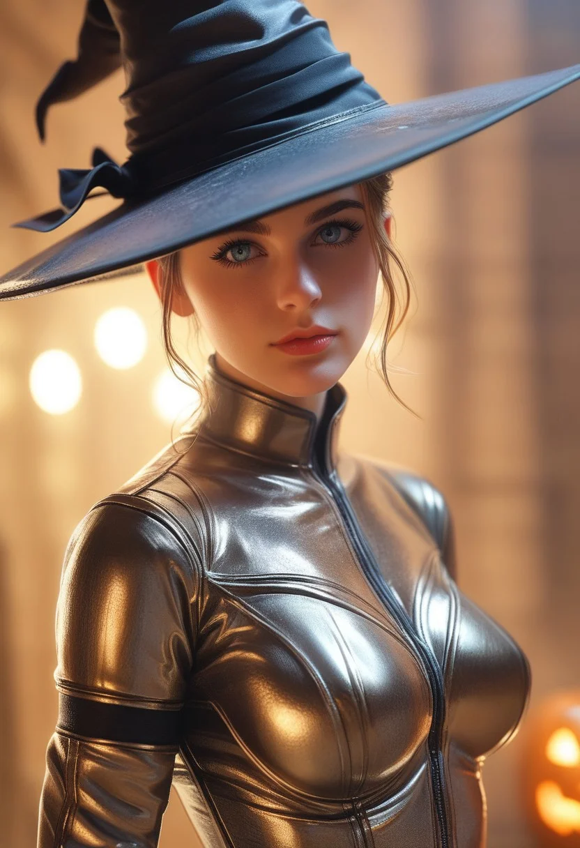 A female paladin, dressed in elaborately crafted plate armor with high reflective ability, stands in a remote setting of the European Middle Ages. The picture was taken from a normal angle, highlighting the ornate details of her armor and the serene confidence in her expression. Hyperrealistic digital illustration, octane rendering, night, anamorphic lens flare, global illumination, wide dynamic range, S-curve contrast, gamma curve of the film (((witch hat, Halloween))), ((upper body))
(8k uhd:1.4)
<laura:add details:1>
<laura:Dynamic poses:1>