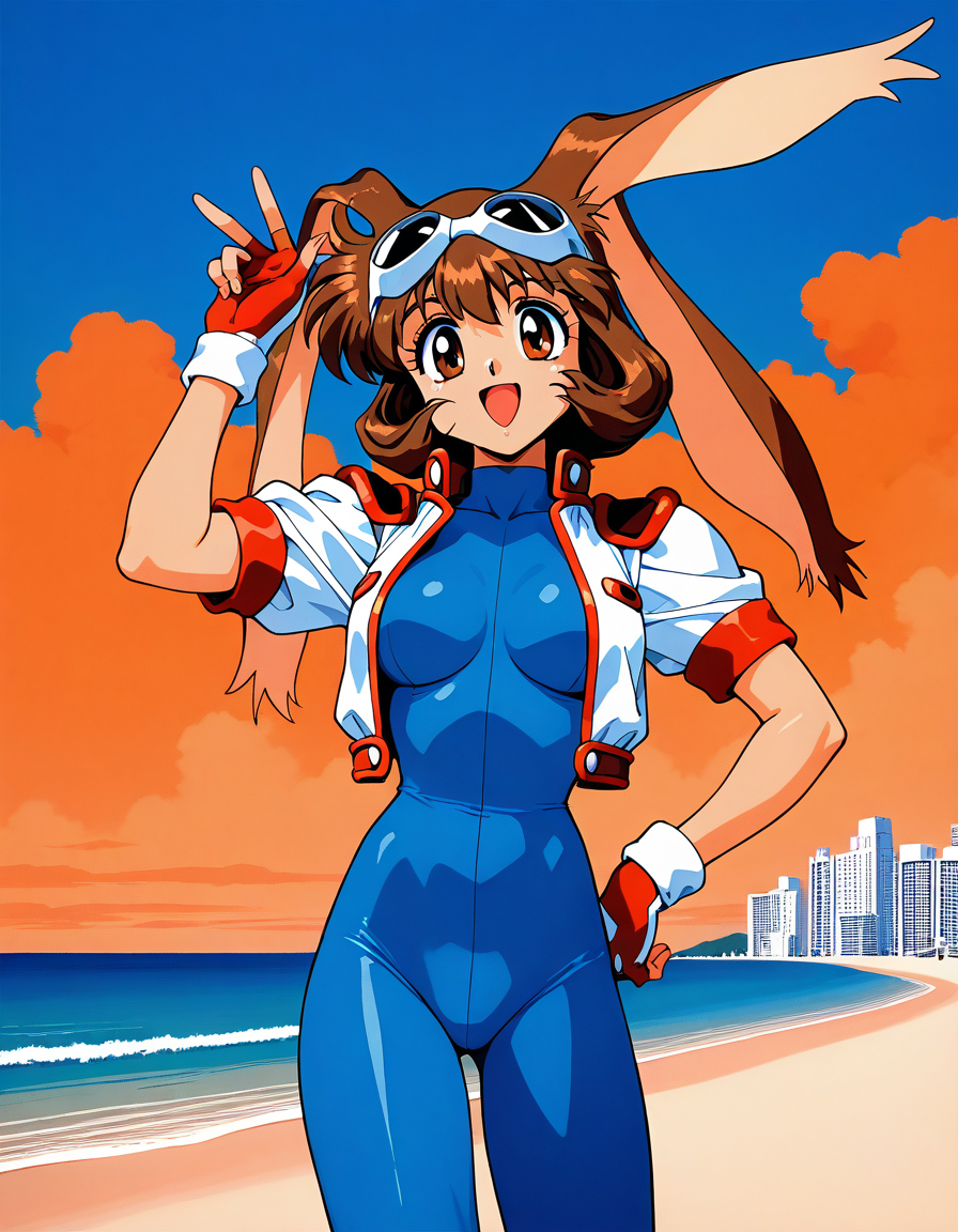 masterpiece, best quality, good quality, <lora:Makihara_Arina_IS:1>Makihara_Arina, brown hair, animal ears, goggles on head, rabbit ears, brown eyes,   medium breasts,
1girl, solo, cropped jacket, gloves, fingerless gloves, smile, hand on hip, orange background, open mouth, blue bodysuit, 1990s (style), bodysuit, jacket, retro artstyle, looking at viewer, :d, cowboy shot
blue sky, beach, building, clouds,