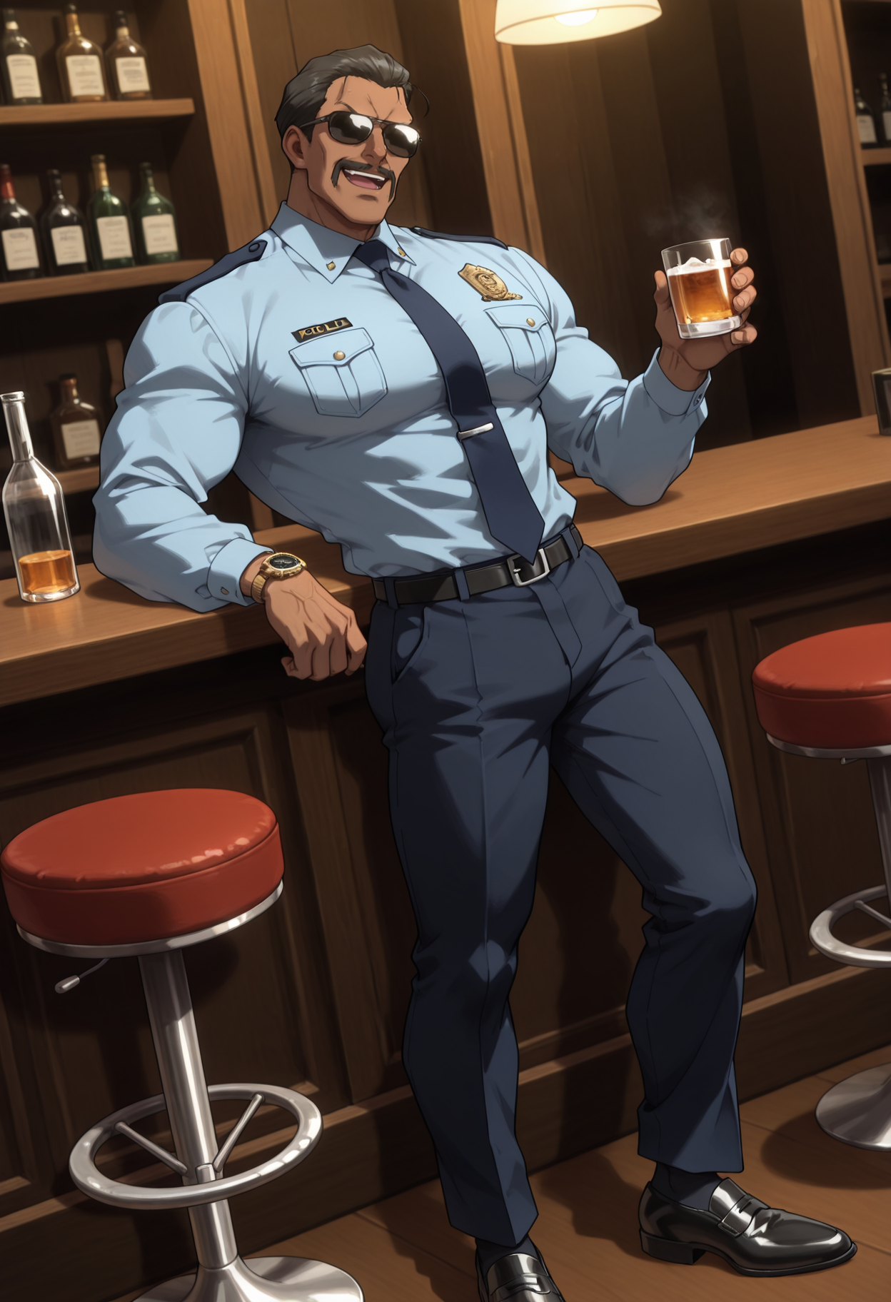 BREAK anime color,dutch angle,from_side,full_shot,(solo),1boy,male focus,
full-length portrait,standing,holding cup,vodka,
masculine face,daddy looking face,masculine,wrinkle,Villain,thug,
Abrego,Black hair,eyes,sunglasses,mustache,<lora:Abrego__Black_Lagoon:0.8>,
glaring,seductive_smile,open mouth,
police_uniform,dark blue pants,light blue shirt,dark blue tie,formal attire,long_sleeves,large leather shoes,pure black socks,
tlarger men,Big body,broad shoulders,stocky_body,big muscule,
Dark skin,Muscled,narrow waist,toned body,
large pectorals,
detailed face,detailed body,perfect anatomy,
masterpiece,best quality,amazing quality,
k0n0hanaya,<lora:-Konohanaya:0.4>,
Hotcha,<lora:hots_r1:0.2>,<lora:cfg_scale_boost:0.2>,<lora:NAI_QualityV1.1:0.4>,<lora:add-detail-xl:0.7>,
multicolored_background,bar,men's watch,
