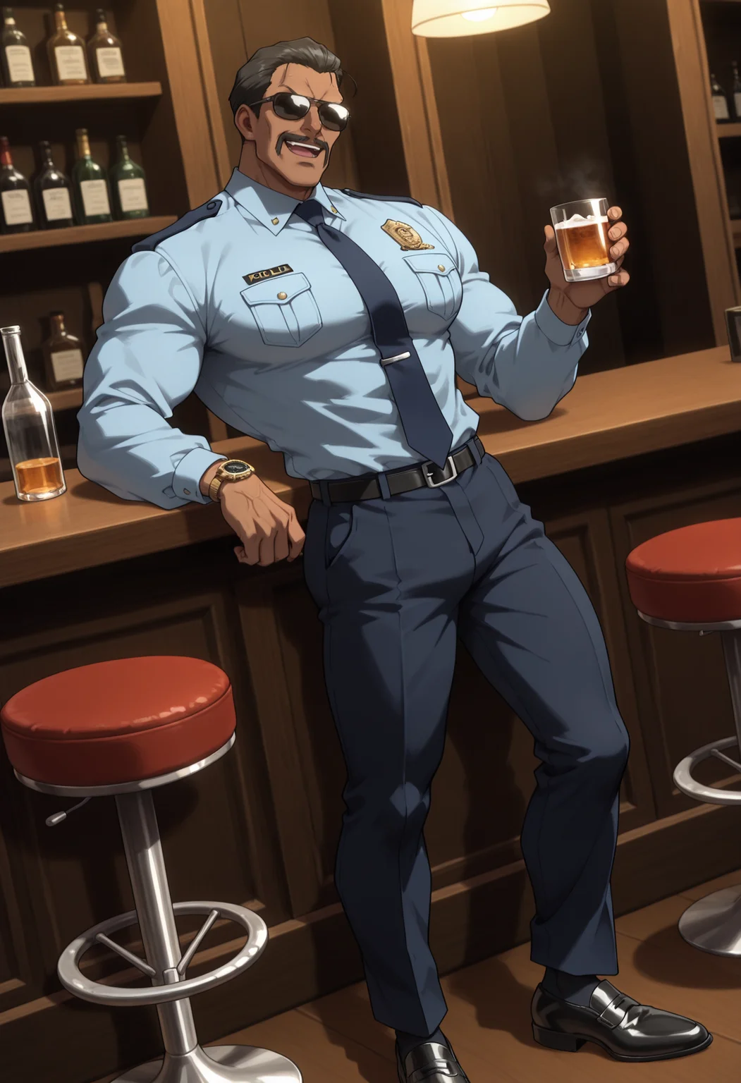 BREAK anime color,dutch angle,from_side,full_shot,(solo),1boy,male focus,
full-length portrait,standing,holding cup,vodka,
masculine face,daddy looking face,masculine,wrinkle,Villain,thug,
Abrego,Black hair,eyes,sunglasses,mustache,<lora:Abrego__Black_Lagoon:0.8>,
glaring,seductive_smile,open mouth,
police_uniform,dark blue pants,light blue shirt,dark blue tie,formal attire,long_sleeves,large leather shoes,pure black socks,
tlarger men,Big body,broad shoulders,stocky_body,big muscule,
Dark skin,Muscled,narrow waist,toned body,
large pectorals,
detailed face,detailed body,perfect anatomy,
masterpiece,best quality,amazing quality,
k0n0hanaya,<lora:-Konohanaya:0.4>,
Hotcha,<lora:hots_r1:0.2>,<lora:cfg_scale_boost:0.2>,<lora:NAI_QualityV1.1:0.4>,<lora:add-detail-xl:0.7>,
multicolored_background,bar,men's watch,