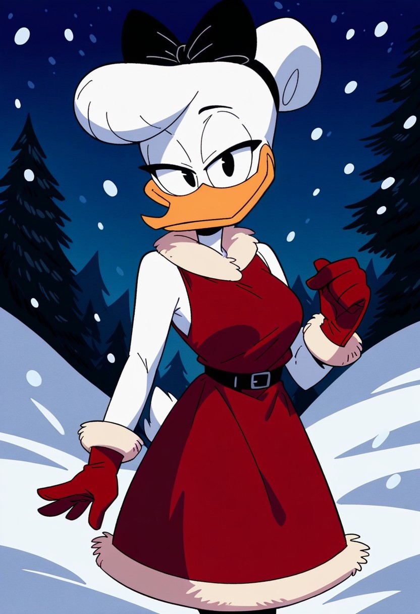 score_9, score_8_up, score_7_up, score_6_up, best quality, highres, source_furry, masterpiece, BREAK ppp BREAK
female, daisy, duck, beak, white skin, white body, white hair, black eyes, breasts, hair bun, centered hair bow,1girl, gloves, furry female, furry, dress, solo, smile, red dress, snow, outdoors,black eyes, fur-trimmed dress, fur-trimmed gloves, snowing, fur trim, breasts, christmas, standing, medium breasts, sleeveless, looking at viewer, tree, sleeveless dress, red gloves, half-closed eyes, happy, closed mouth, pine tree, orange dress
<lora:Drockdraw_Style:0.7>  <lora:Daisy_Duck3:0.9>