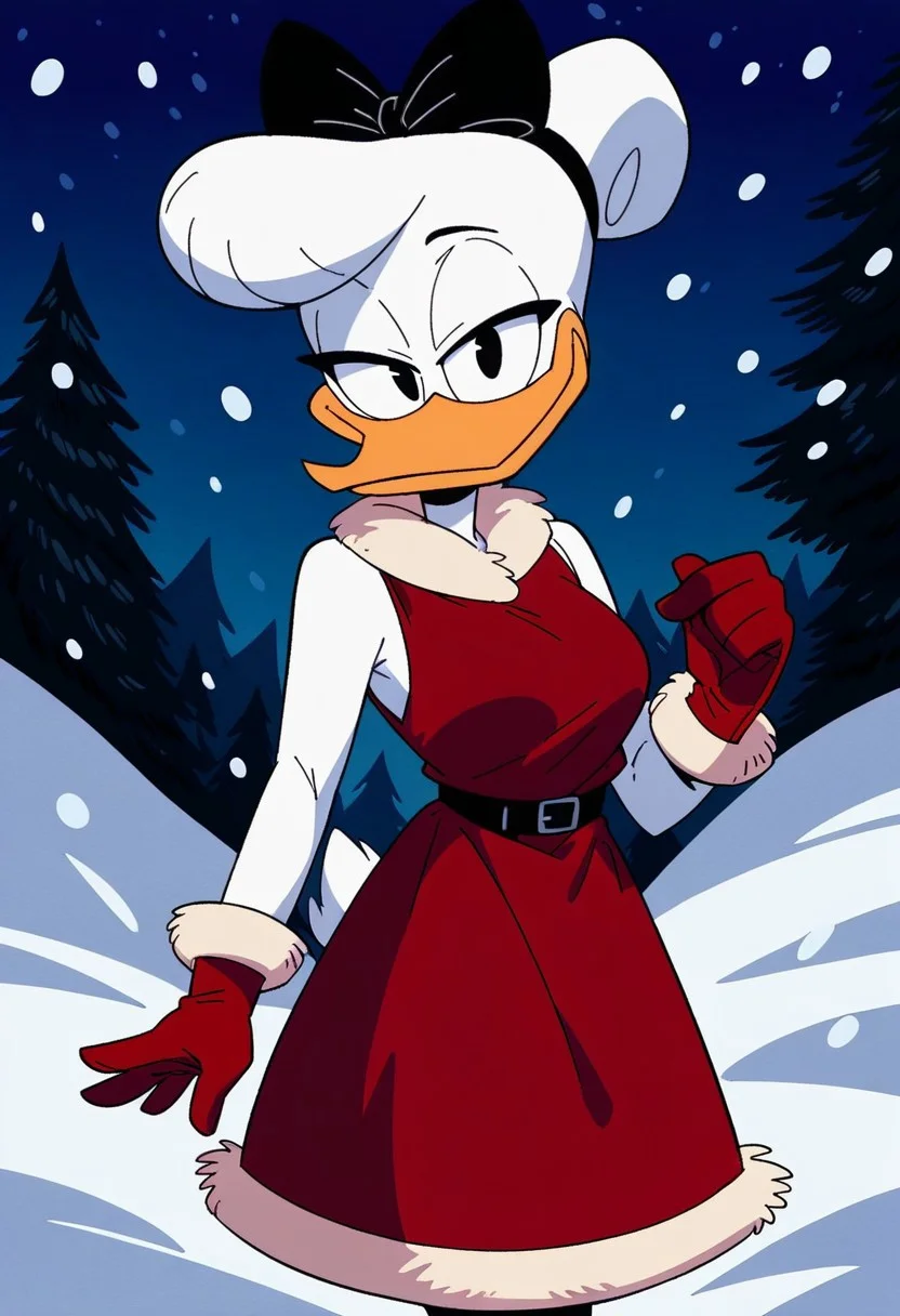 score_9, score_8_up, score_7_up, score_6_up, best quality, highres, source_furry, masterpiece, BREAK ppp BREAK
female, daisy, duck, beak, white skin, white body, white hair, black eyes, breasts, hair bun, centered hair bow,1girl, gloves, furry female, furry, dress, solo, smile, red dress, snow, outdoors,black eyes, fur-trimmed dress, fur-trimmed gloves, snowing, fur trim, breasts, christmas, standing, medium breasts, sleeveless, looking at viewer, tree, sleeveless dress, red gloves, half-closed eyes, happy, closed mouth, pine tree, orange dress
<lora:Drockdraw_Style:0.7> <lora:Daisy_Duck3:0.9>