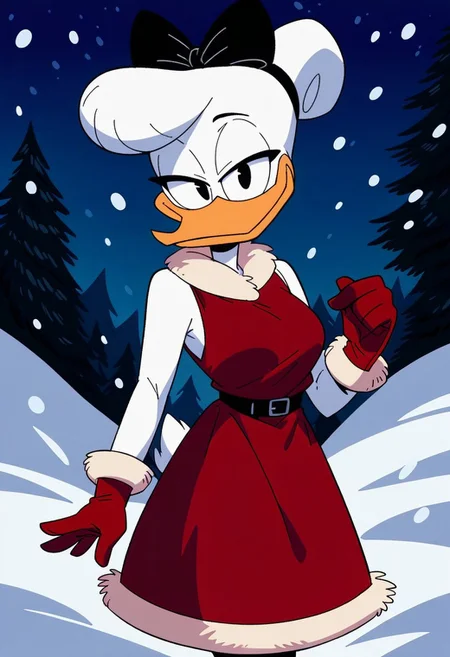 score_9, score_8_up, score_7_up, score_6_up, best quality, highres, source_furry, masterpiece, BREAK ppp BREAK
female, daisy, duck, beak, white skin, white body, white hair, black eyes, breasts, hair bun, centered hair bow,1girl, gloves, furry female, furry, dress, solo, smile, red dress, snow, outdoors,black eyes, fur-trimmed dress, fur-trimmed gloves, snowing, fur trim, breasts, christmas, standing, medium breasts, sleeveless, looking at viewer, tree, sleeveless dress, red gloves, half-closed eyes, happy, closed mouth, pine tree, orange dress
<lora:Drockdraw_Style:0.7> <lora:Daisy_Duck3:0.9>