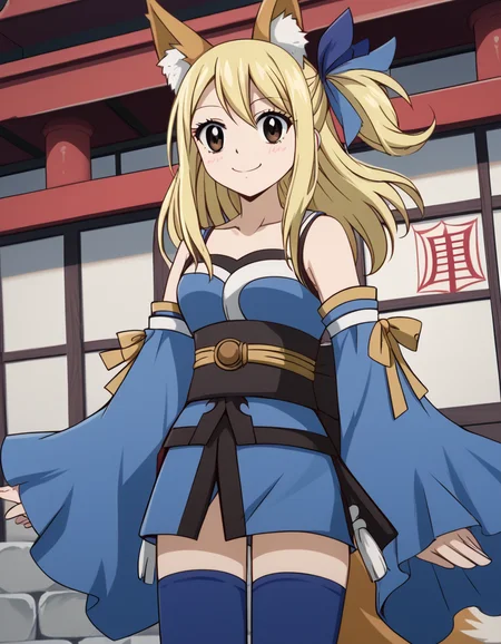 score_9, score_8_up, score_7_up, source_anime, lucyheartfilia, <lora:lucy-heartfilia-s7-ponyxl-lora-nochekaiser:1>, lucy heartfilia, blonde hair, brown eyes, long hair, one side up, ribbon, hair ribbon, blue ribbon,, <lora:tamamo-no-mae-cosplay-ponyxl-lora-nochekaiser:1>, tamamonomaecosplay, tamamo no mae \(cosplay\), animal ears, bare shoulders, blue kimono, blue thighhighs, detached sleeves, fox ears, fox tail, japanese clothes, kimono, obi, sash, collarbone, thighhighs, wide sleeves,, shrine, smile, blush,, cowboy shot, dutch angle, solo,