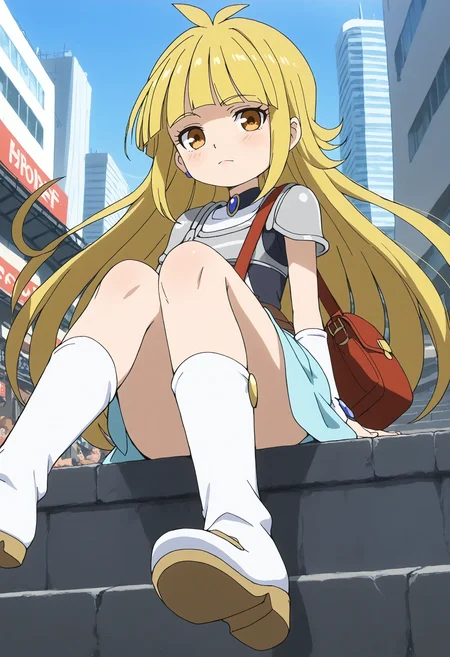 <lora:Hyper-SDXL-8steps-lora:1> <lora:Fixhands_anime_bdsqlsz_V1:1> zPDXL2, score_9, score_8_up, score_7_up, source_anime, intricate details, perfect anatomy BREAK
outdoors, city, tokyo, japan, audience, crowd, sitting, from below, crossed legs , looking at viewer, Pensive, Eyes focused inward, brow furrowed, and lips pursed., 1girl, solo, solo focus,
<lora:driland-mikoto_XL(pony)v10:1> (chibi:0.6), driland-mikoto, blonde hair, long hair, brown eyes, driland-mikoto outfit, armored dress, breastplate, detached sleeves, blue skirt, bag, white boots,