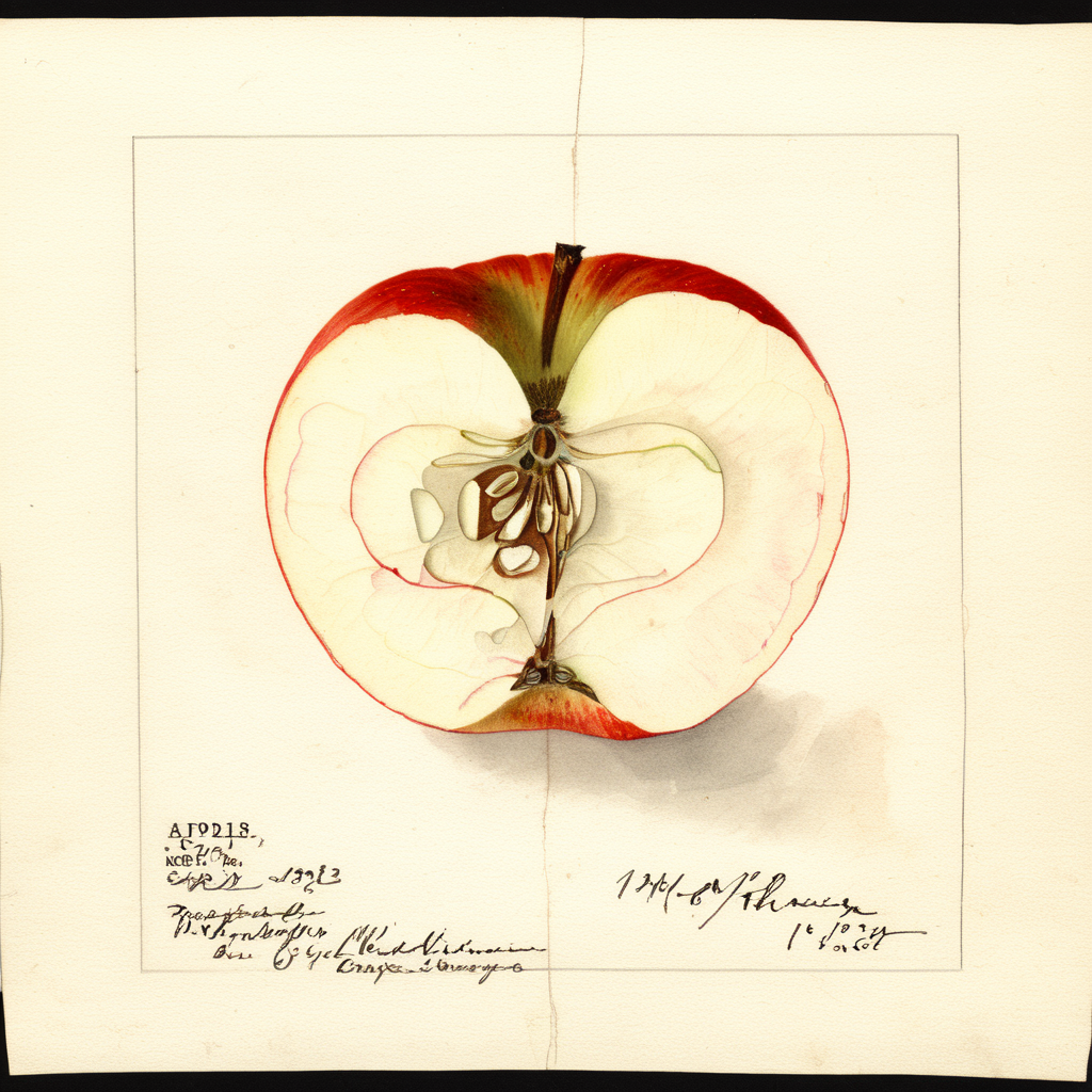 illustrative drawing of a ANATOMY OF A Apple, half,  pomological watercolor <lora:PomologicalConfig4DebWITHTE4RP:1>