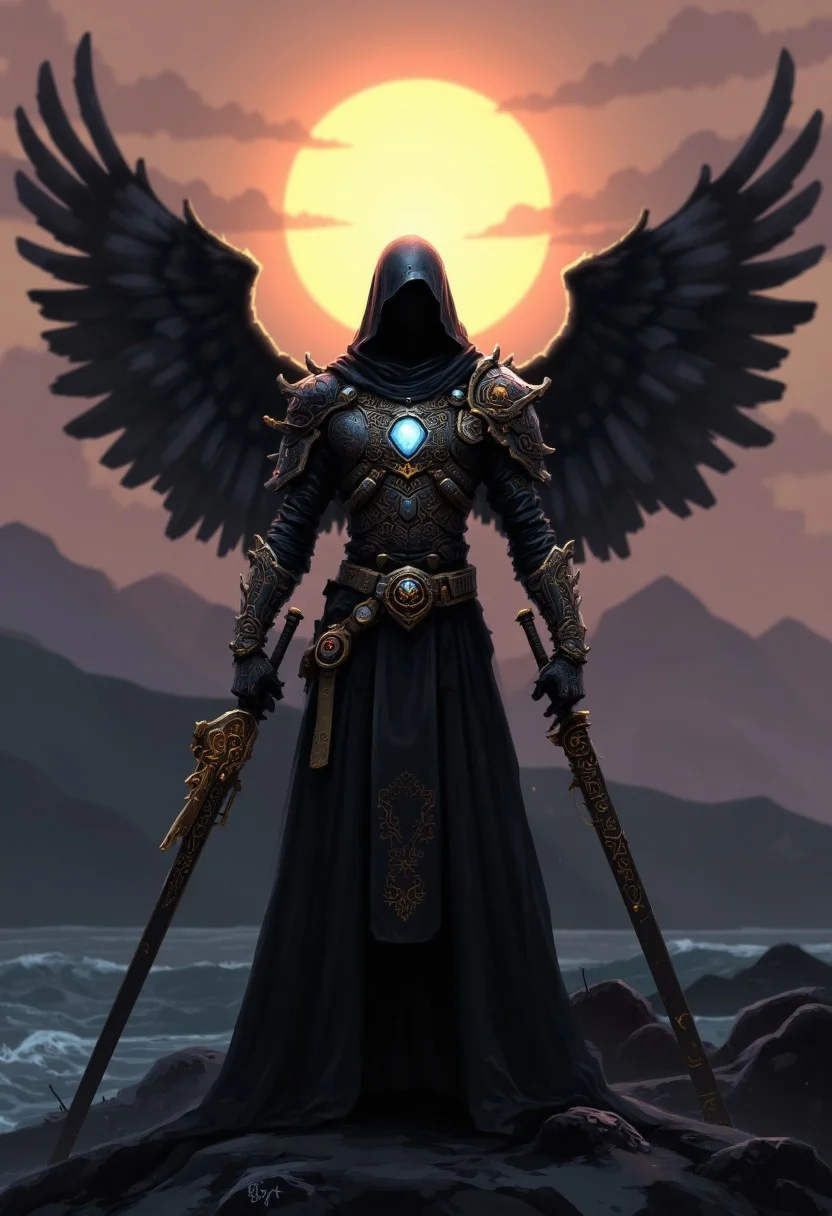 By Ian McQue. A digital illustration shoot from a front camera angle about a futuristic, stunning, powerful, angelic fighting angel Alita with black tech wings standing in a desolate, otherworldly landscape. The cyberpunk warrior is clad in ornate, dark metallic armor with intricate designs, including a prominent chest plate adorned with a blue gemstone. The armor is black with hints of gold, and the helmet has a hood that conceals the face, giving a mysterious, intimidating aura. The warrior holds a long, ornate sword with a golden hilt in his right hand, resting on his shoulder. The background is a serene, twilight scene with a large, glowing sun positioned high in the sky, casting a warm, golden light that contrasts with the dark, ominous atmosphere. The landscape consists of a vast, dark ocean with gentle waves and distant, silhouetted mountains. Small, dark islands or rock formations are scattered across the water. The atmosphere is tranquil yet powerful, evoking a sense of nostalgia and wonder. Highly detailed character, precise silhouette, cinematic lighting, ultra-realistic textures, dreamy and immersive composition, masterpiece.