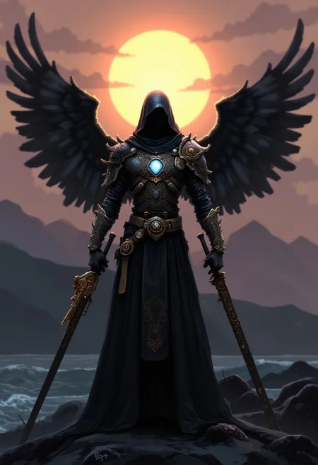 By Ian McQue. A digital illustration shoot from a front camera angle about a futuristic, stunning, powerful, angelic fighting angel Alita with black tech wings standing in a desolate, otherworldly landscape. The cyberpunk warrior is clad in ornate, dark metallic armor with intricate designs, including a prominent chest plate adorned with a blue gemstone. The armor is black with hints of gold, and the helmet has a hood that conceals the face, giving a mysterious, intimidating aura. The warrior holds a long, ornate sword with a golden hilt in his right hand, resting on his shoulder. The background is a serene, twilight scene with a large, glowing sun positioned high in the sky, casting a warm, golden light that contrasts with the dark, ominous atmosphere. The landscape consists of a vast, dark ocean with gentle waves and distant, silhouetted mountains. Small, dark islands or rock formations are scattered across the water. The atmosphere is tranquil yet powerful, evoking a sense of nostalgia and wonder. Highly detailed character, precise silhouette, cinematic lighting, ultra-realistic textures, dreamy and immersive composition, masterpiece.