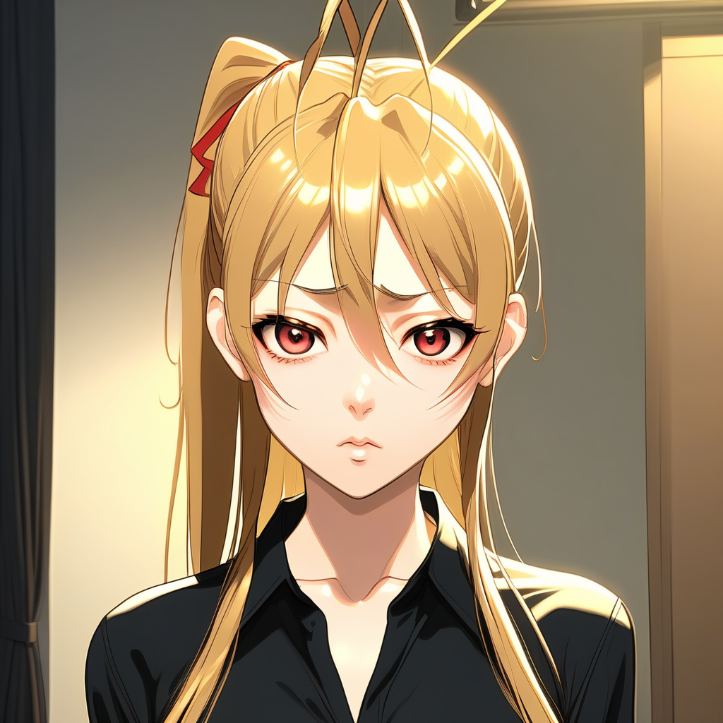masterpiece, best quality, best aesthetics, miyamoto rei, long hair, ponytail, antennae hair, bangs, hair between the eyes, blush on the cheeks, averted gaze, long black shirt, shirt covering it, awakening, up , loose hair, shiny, shiny skin, alone, room background, standing, front view.