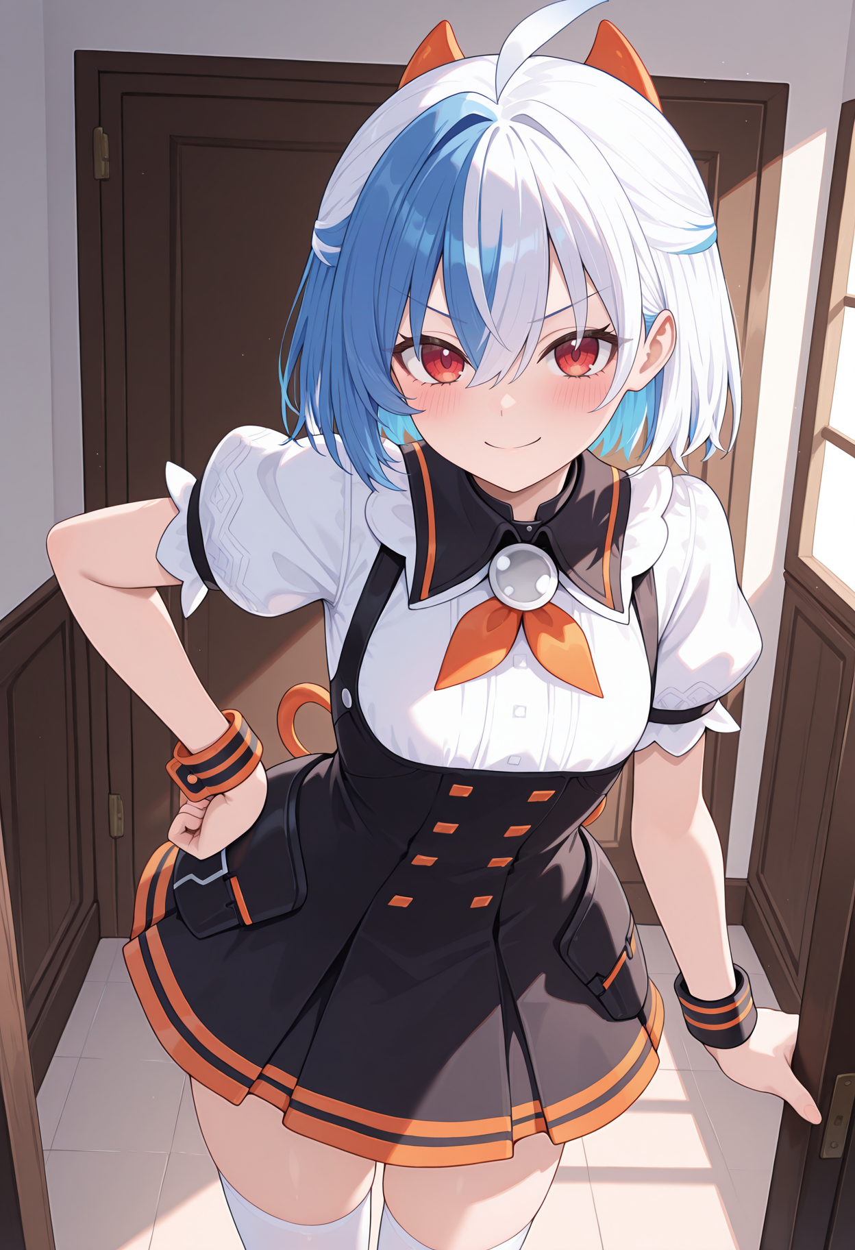 highres, best quality, masterpiece, indoors,
1girl, solo
npipdef, two-tone hair, hair between eyes, blue hair, white hair, red eyes, hair ornament, pinafore dress, black dress, black collar, orange ribbon, white shirt, puffy short sleeves, wristband, white thighhighs,
looking at viewer, blush, smile,
standing, hand on own hip, 
v-shaped eyebrows, 
<lora:_pippih_nep-elesico-ilxl-000012:1>