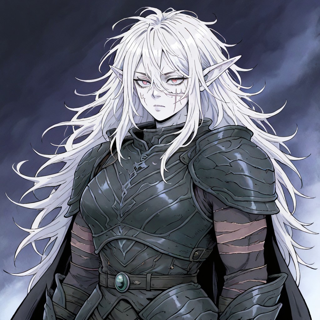 masterpiece, best quality, newest, absurdres, highres, 
Migamiga-Style-V1.0,
1girl, pale, white skin, colored skin, pale skin, elf, pointy ears, muscular woman, armor, cape, leather armor, scar, scars on face, white hair, long hair, messy hair, black armor, black leather,