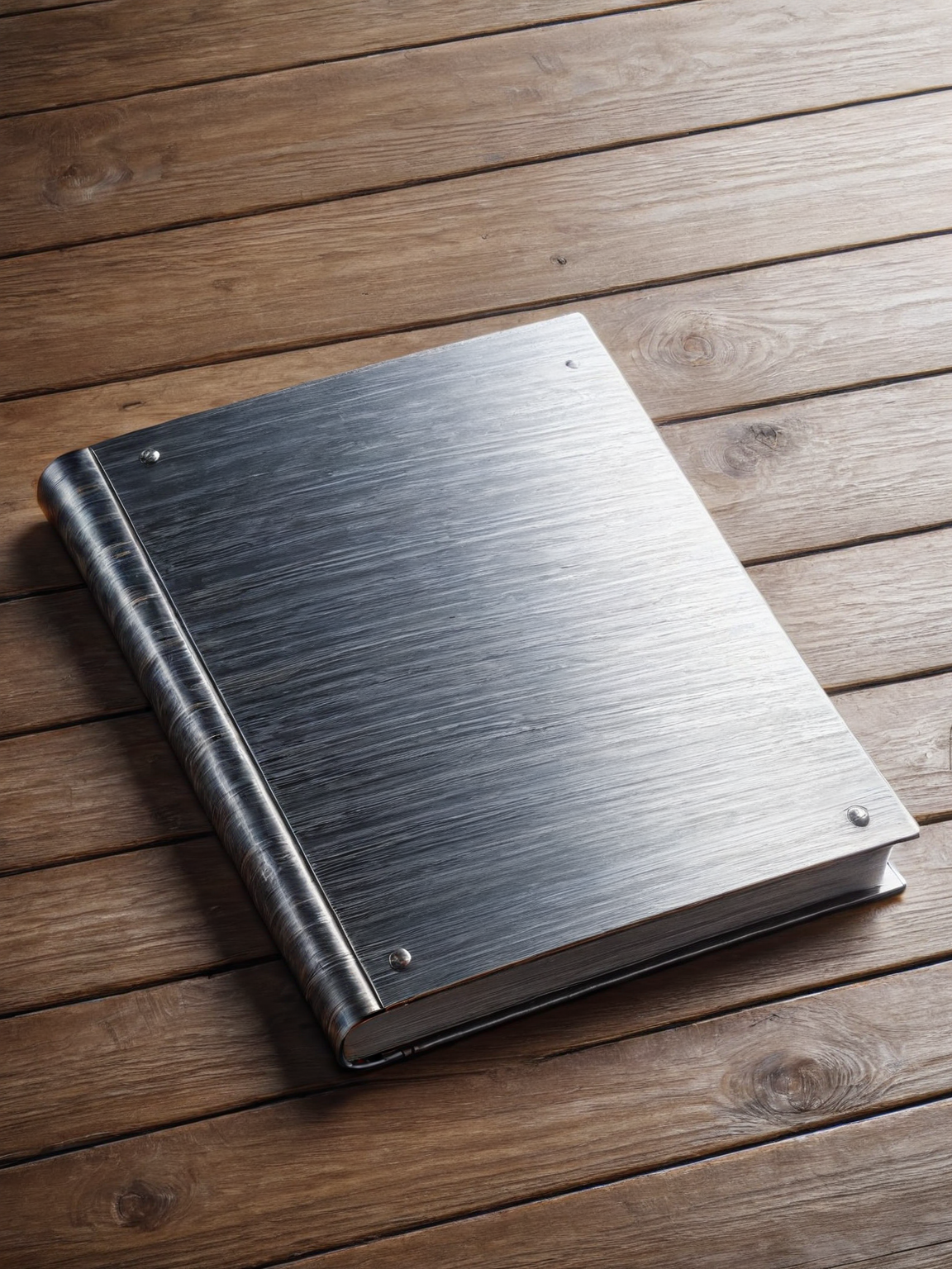 A ais-steelz classic book, on an old oak desk<lora:Brushed_Steel_Style_SDXL:1>