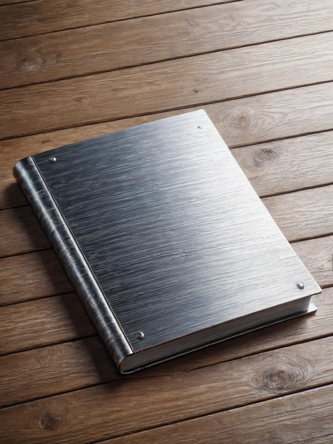 A ais-steelz classic book, on an old oak desk<lora:Brushed_Steel_Style_SDXL:1>