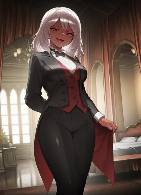 masterpiece, best quality, amazing quality, very aesthetic, absurdres, newest, scenery,extreme detail, 8k, light particles, soft lighting, volumetric lighting, intricate details, finely detailed, detailed eyes, 1girl, solo, vampire, white hair, dark-skin, dark skinned female, (tailcoat,tuxedo,frock coat:1.2), thighhighs, looking at viewer, standing, red eyes, mansion,bedroom, trousers,shirt,vest, smug, smirk, shiny skin, (medium breasts:1.3), thick, fang, half-open mouth,
<lora:Illustrious_Style_Kkasi00:1>